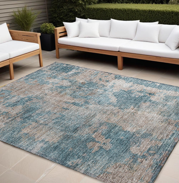 Homeroots 9' X 12' Teal And Taupe Abstract Washable Non Skid Indoor Outdoor Area Rug Teal Polyester 564294