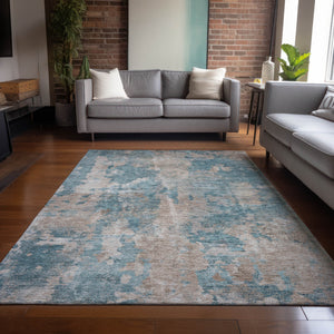 Homeroots 9' X 12' Teal And Taupe Abstract Washable Non Skid Indoor Outdoor Area Rug Teal Polyester 564294