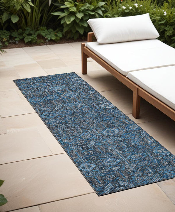 Homeroots 8' Runner Rug – Stylish Blue And Black Floral Design, Washable, Non-skid For Indoor And Outdoor Use Blue Polyester 564303