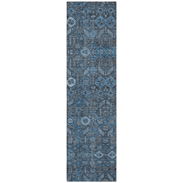 Homeroots 8' Runner Rug – Stylish Blue And Black Floral Design, Washable, Non-skid For Indoor And Outdoor Use Blue Polyester 564303