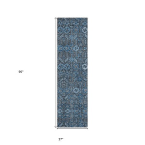 Homeroots 8' Runner Rug – Stylish Blue And Black Floral Design, Washable, Non-skid For Indoor And Outdoor Use Blue Polyester 564303