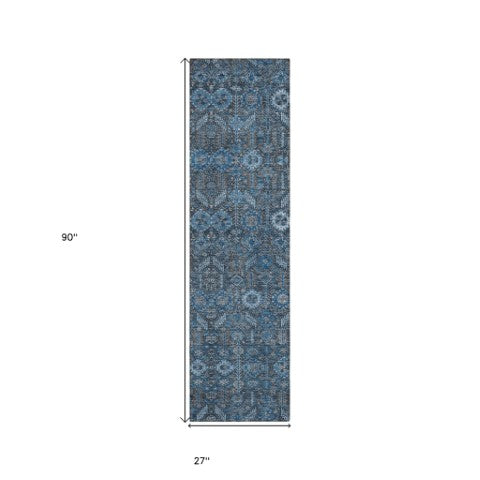 Homeroots 8' Runner Rug – Stylish Blue And Black Floral Design, Washable, Non-skid For Indoor And Outdoor Use Blue Polyester 564303