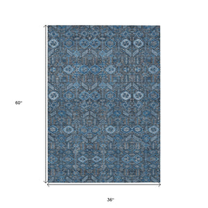 Homeroots 3' X 5' Blue And Black Floral Washable Non Skid Indoor Outdoor Area Rug Blue Polyester 564305
