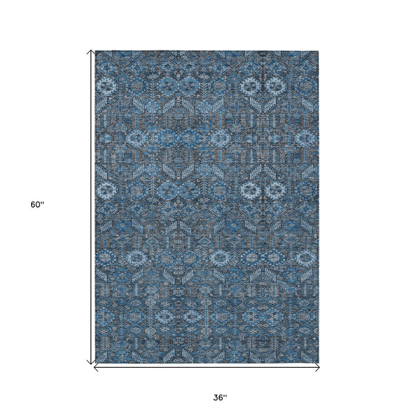 Homeroots 3' X 5' Blue And Black Floral Washable Non Skid Indoor Outdoor Area Rug Blue Polyester 564305