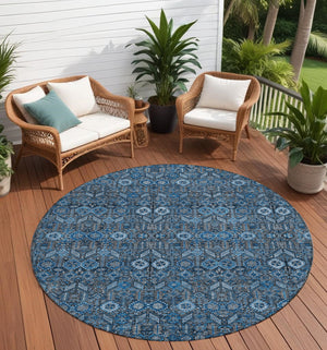 Homeroots 8' Runner Rug – Stylish Blue And Black Floral Design, Washable, Non-skid For Indoor And Outdoor Use 8' Round Polyester 564307