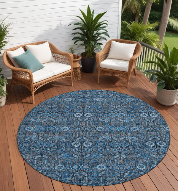 Homeroots 8' Runner Rug – Stylish Blue And Black Floral Design, Washable, Non-skid For Indoor And Outdoor Use 8' Round Polyester 564307