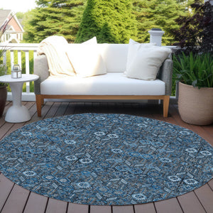 Homeroots 8' Runner Rug – Stylish Blue And Black Floral Design, Washable, Non-skid For Indoor And Outdoor Use 8' Round Polyester 564307