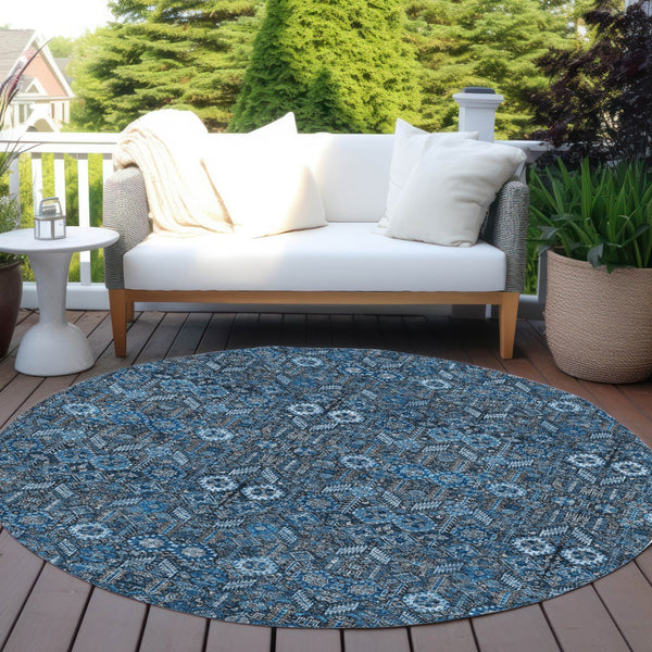 Homeroots 8' Runner Rug – Stylish Blue And Black Floral Design, Washable, Non-skid For Indoor And Outdoor Use 8' Round Polyester 564307