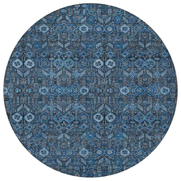 Homeroots 8' Runner Rug – Stylish Blue And Black Floral Design, Washable, Non-skid For Indoor And Outdoor Use 8' Round Polyester 564307