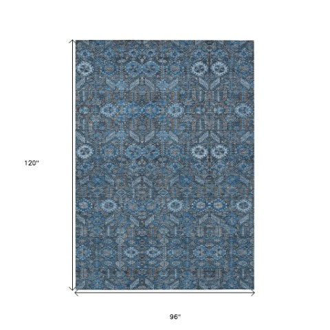 Homeroots 8' Runner Rug – Stylish Blue And Black Floral Design, Washable, Non-skid For Indoor And Outdoor Use 8' X 10' Polyester 564308