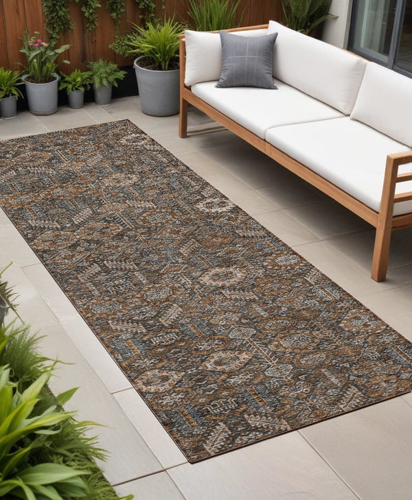 Homeroots 8' Runner Rug – Stylish Blue And Black Floral Design, Washable, Non-skid For Indoor And Outdoor Use Chocolate Polyester 564312