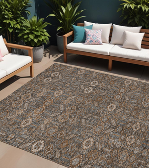 Homeroots 10' X 14' Chocolate Floral Washable Non Skid Indoor Outdoor Area Rug Chocolate Polyester 564319