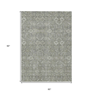Homeroots 5' X 8' Cream And Tan Floral Washable Non Skid Indoor Outdoor Area Rug Gray Polyester 564324
