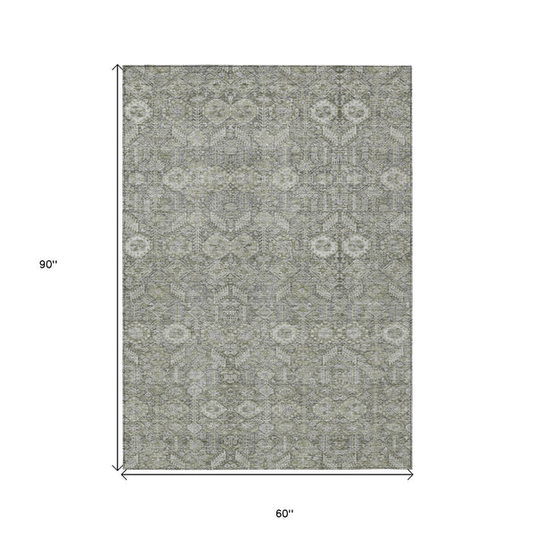 Homeroots 5' X 8' Cream And Tan Floral Washable Non Skid Indoor Outdoor Area Rug Gray Polyester 564324