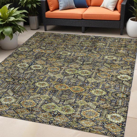 Homeroots 8' Runner Rug – Stylish Blue And Black Floral Design, Washable, Non-skid For Indoor And Outdoor Use 5' X 8' Polyester 564333