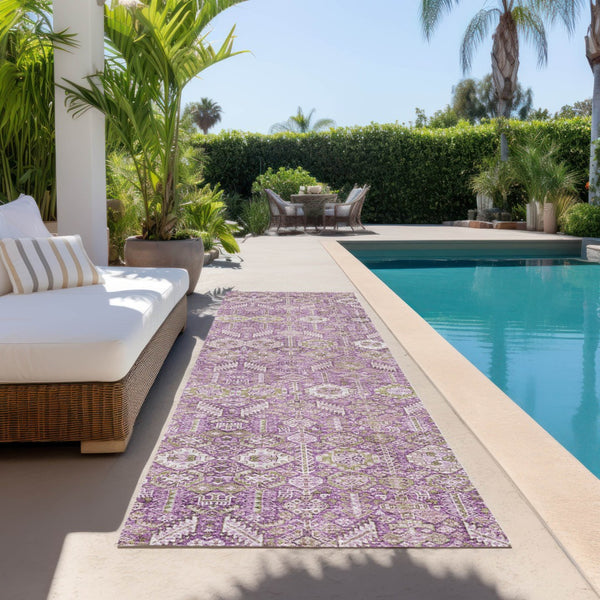 Homeroots 8' Runner Rug – Stylish Blue And Black Floral Design, Washable, Non-skid For Indoor And Outdoor Use Lavender Polyester 564339