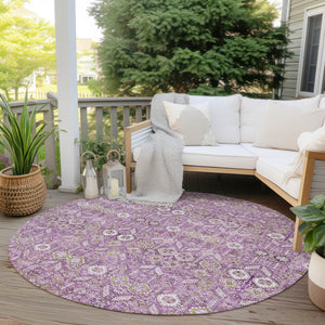 Homeroots 8' Round Lavender And Ivory Round Floral Washable Non Skid Indoor Outdoor Area Rug Lavender Polyester 564343