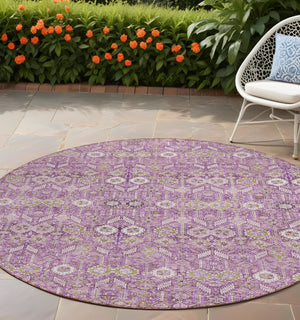 Homeroots 8' Round Lavender And Ivory Round Floral Washable Non Skid Indoor Outdoor Area Rug Lavender Polyester 564343
