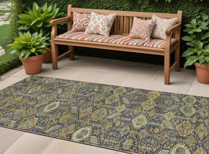 Homeroots 8' Runner Rug – Stylish Blue And Black Floral Design, Washable, Non-skid For Indoor And Outdoor Use Paprika Polyester 564348