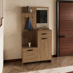 English Elm Parker 75" Tall Mirrored Hall Tree with Hangers, Drawer, Shelves & Cabinets in Light Oak for Entryways B200P286967