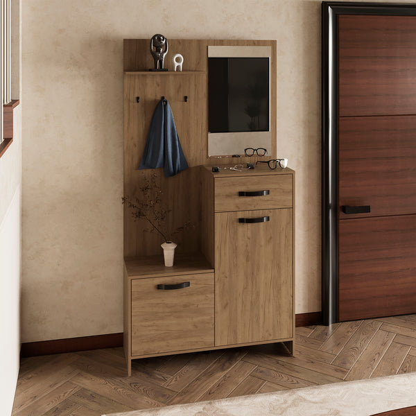 English Elm Parker 75" Tall Mirrored Hall Tree with Hangers, Drawer, Shelves & Cabinets in Light Oak for Entryways B200P286967