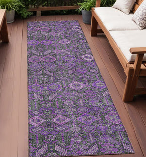 Homeroots 8' Runner Purple And Green Floral Washable Non Skid Indoor Outdoor Runner Rug Purple Polyester 564357