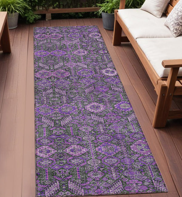 Homeroots 8' Runner Purple And Green Floral Washable Non Skid Indoor Outdoor Runner Rug Purple Polyester 564357