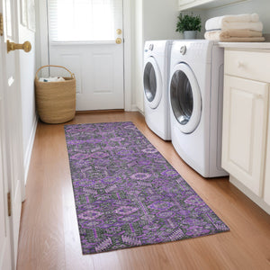 Homeroots 8' Runner Purple And Green Floral Washable Non Skid Indoor Outdoor Runner Rug Purple Polyester 564357