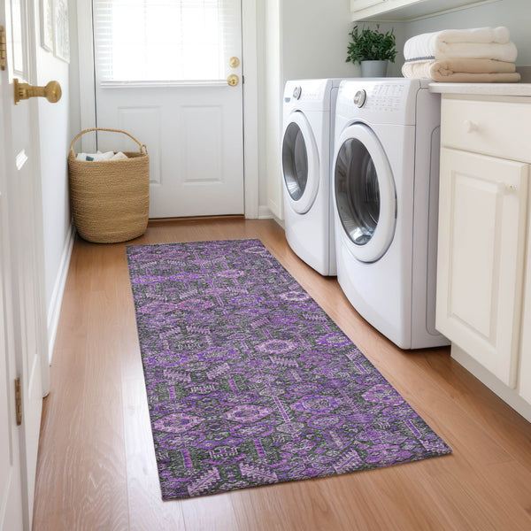 Homeroots 8' Runner Purple And Green Floral Washable Non Skid Indoor Outdoor Runner Rug Purple Polyester 564357