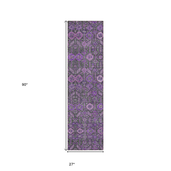 Homeroots 8' Runner Purple And Green Floral Washable Non Skid Indoor Outdoor Runner Rug Purple Polyester 564357