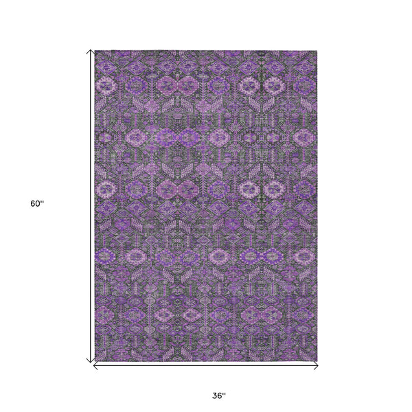 Homeroots 3' X 5' Purple And Green Floral Washable Non Skid Indoor Outdoor Area Rug Purple Polyester 564359