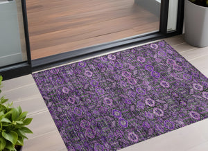 Homeroots 3' X 5' Purple And Green Floral Washable Non Skid Indoor Outdoor Area Rug Purple Polyester 564359