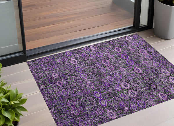 Homeroots 3' X 5' Purple And Green Floral Washable Non Skid Indoor Outdoor Area Rug Purple Polyester 564359