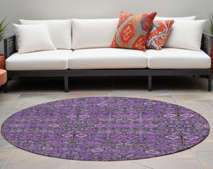 Homeroots 8' Round Purple And Green Round Floral Washable Non Skid Indoor Outdoor Area Rug Purple Polyester 564361
