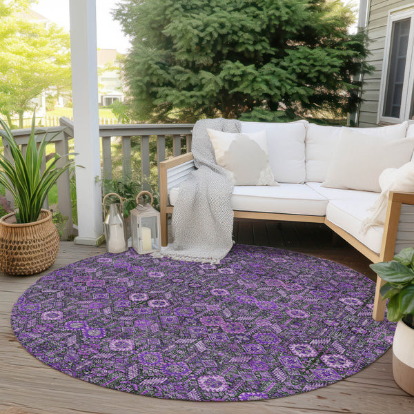 Homeroots 8' Round Purple And Green Round Floral Washable Non Skid Indoor Outdoor Area Rug Purple Polyester 564361