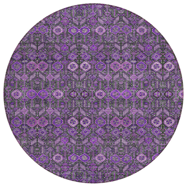 Homeroots 8' Round Purple And Green Round Floral Washable Non Skid Indoor Outdoor Area Rug Purple Polyester 564361