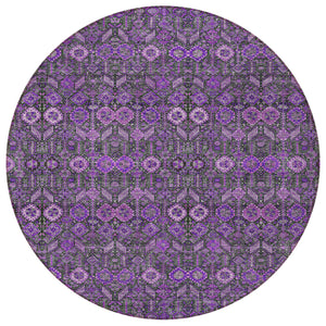 Homeroots 8' Round Purple And Green Round Floral Washable Non Skid Indoor Outdoor Area Rug Purple Polyester 564361