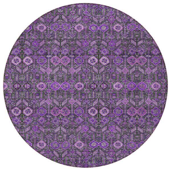 Homeroots 8' Round Purple And Green Round Floral Washable Non Skid Indoor Outdoor Area Rug Purple Polyester 564361
