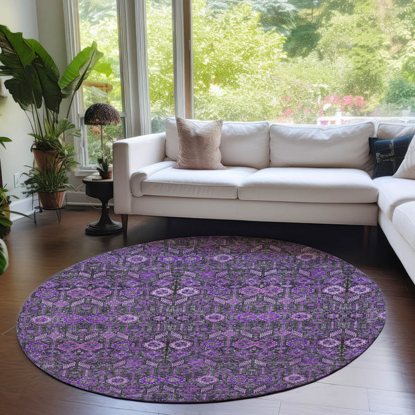 Homeroots 8' Round Purple And Green Round Floral Washable Non Skid Indoor Outdoor Area Rug Purple Polyester 564361