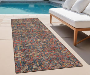 Homeroots 8' Runner Red And Dark Blue Floral Washable Non Skid Indoor Outdoor Runner Rug Red Polyester 564366