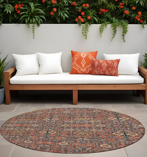 Homeroots 8' Round Red And Dark Blue Round Floral Washable Non Skid Indoor Outdoor Area Rug Red Polyester 564370