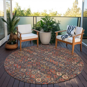 Homeroots 8' Round Red And Dark Blue Round Floral Washable Non Skid Indoor Outdoor Area Rug Red Polyester 564370