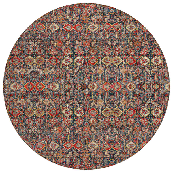 Homeroots 8' Round Red And Dark Blue Round Floral Washable Non Skid Indoor Outdoor Area Rug Red Polyester 564370