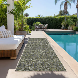 Homeroots 8' Runner Moss Green And Gray Floral Washable Non Skid Indoor Outdoor Runner Rug Taupe Polyester 564375