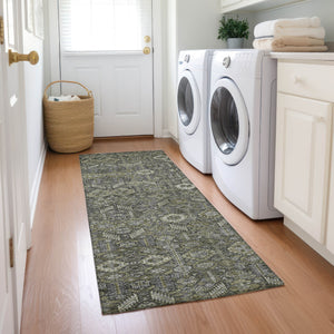 Homeroots 8' Runner Moss Green And Gray Floral Washable Non Skid Indoor Outdoor Runner Rug Taupe Polyester 564375