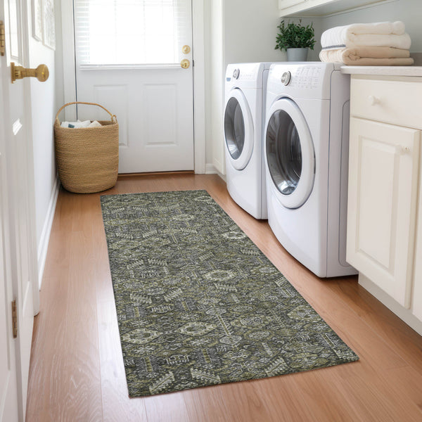 Homeroots 8' Runner Moss Green And Gray Floral Washable Non Skid Indoor Outdoor Runner Rug Taupe Polyester 564375