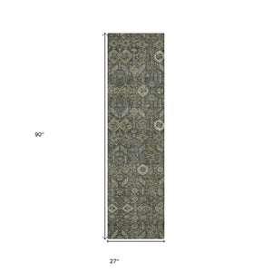 Homeroots 8' Runner Moss Green And Gray Floral Washable Non Skid Indoor Outdoor Runner Rug Taupe Polyester 564375
