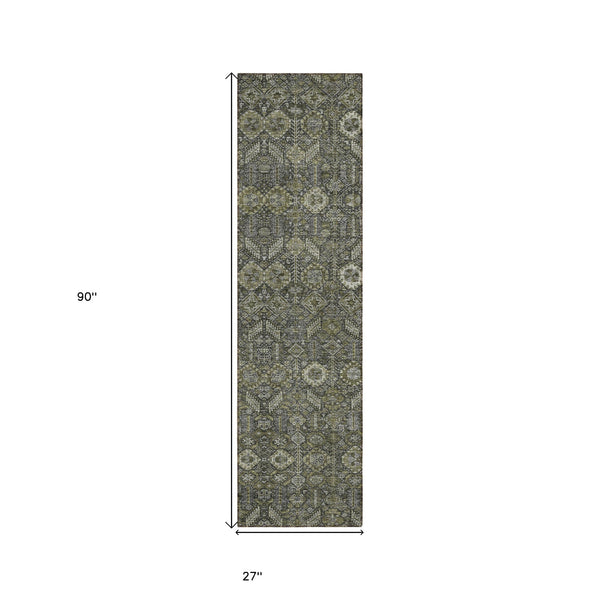 Homeroots 8' Runner Moss Green And Gray Floral Washable Non Skid Indoor Outdoor Runner Rug Taupe Polyester 564375