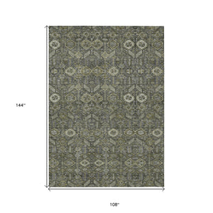 Homeroots 9' X 12' Moss Green And Gray Floral Washable Non Skid Indoor Outdoor Area Rug Taupe Polyester 564381