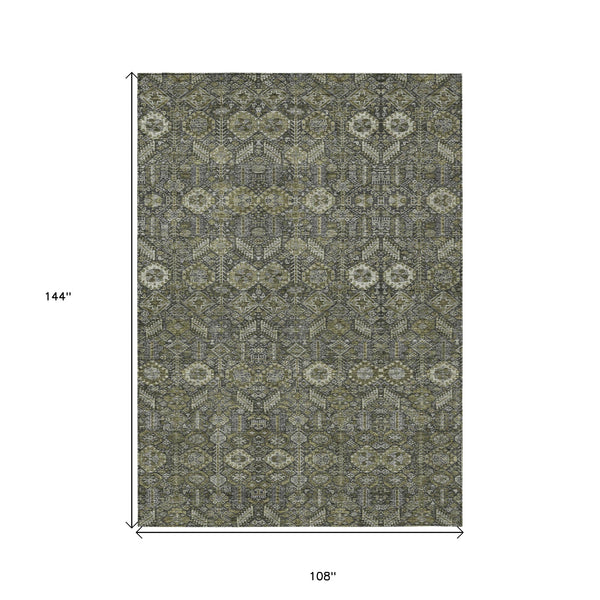 Homeroots 9' X 12' Moss Green And Gray Floral Washable Non Skid Indoor Outdoor Area Rug Taupe Polyester 564381